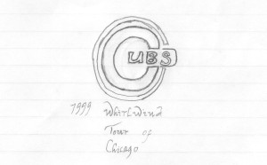 A pencil sketch on paper with the Cubs logo and the hand written text 1999 Whirlwind Tour of Chicago